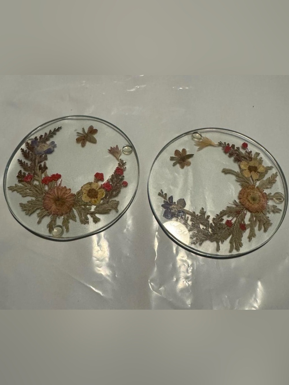 Pressed Floral Glass Coasters - Set of 2, Clear with Multicolor Flowers